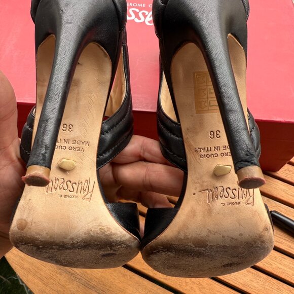 Jerome C. Rousseau Black Leather Cutout High Heel Sandals Size 36/5.5 Made In It - Picture 8 of 10